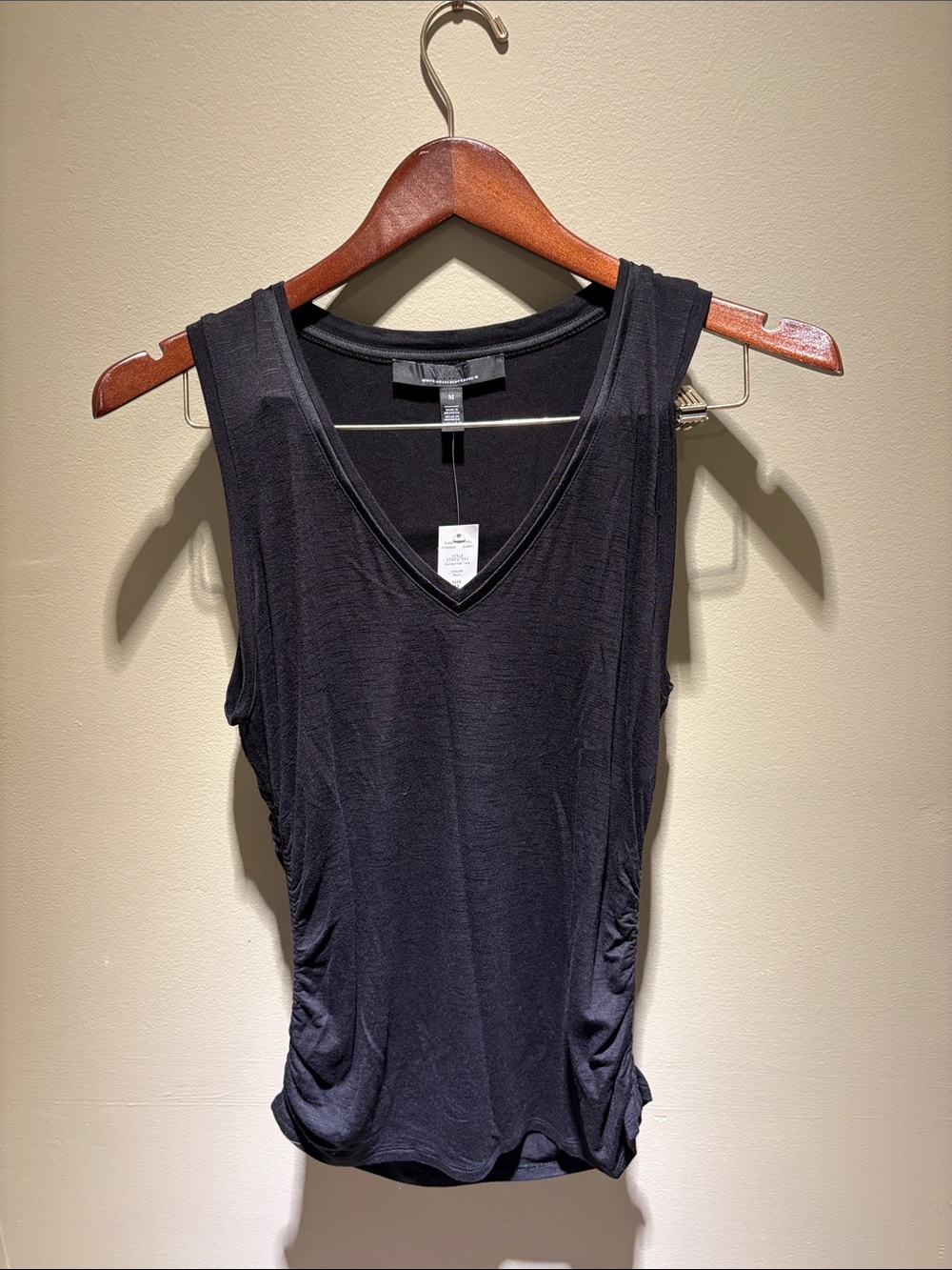 WHBM Women's Black V-Neck Ruched Leather Sleeveless Top